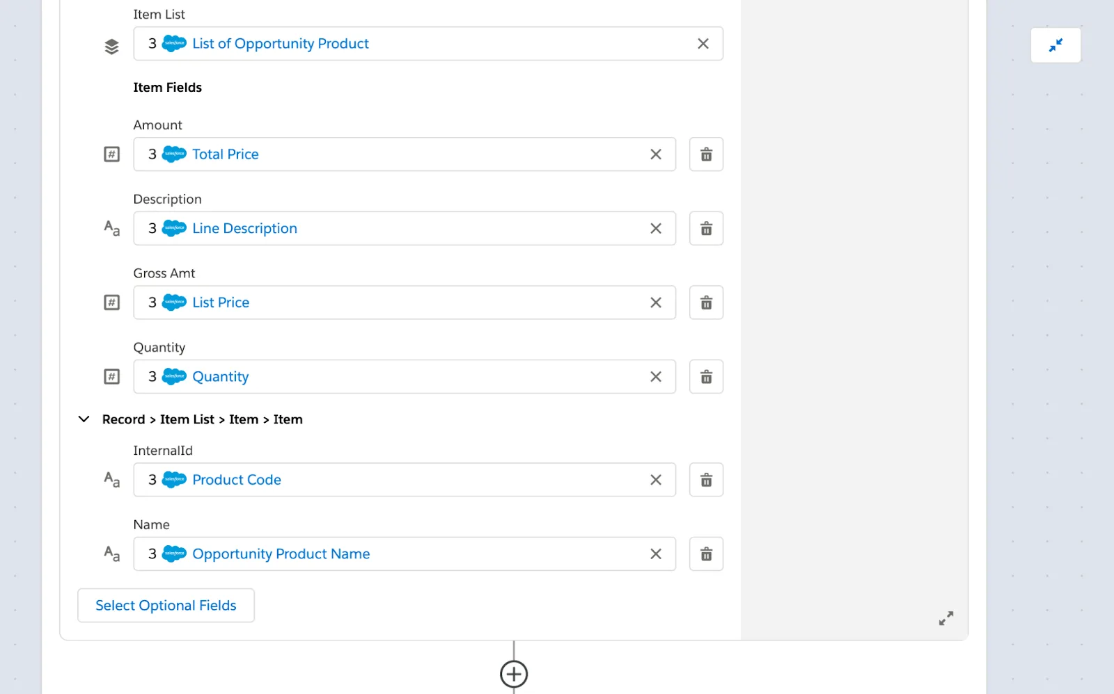 Rest of step 4 of flow with fields such as list of opportunity products, amount, gross amount, and quantity.