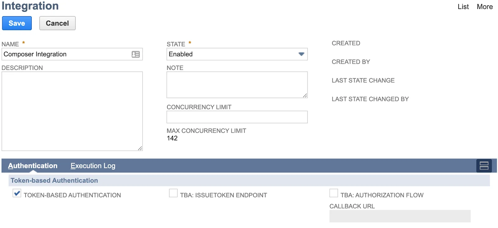 NetSuite integration page with parameters such as Name, State, Token-based Authentication, and TBA: Authorization Flow.