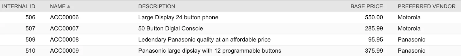 Line items with internal IDs in NetSuite.