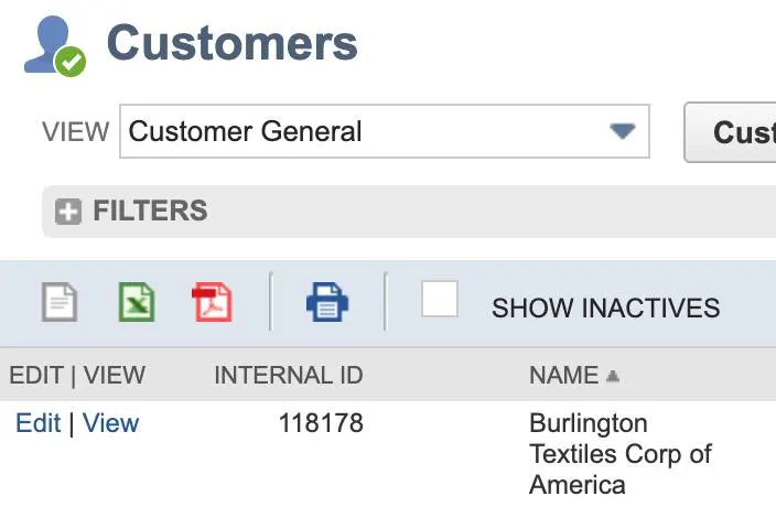 Customer in NetSuite with internal ID.