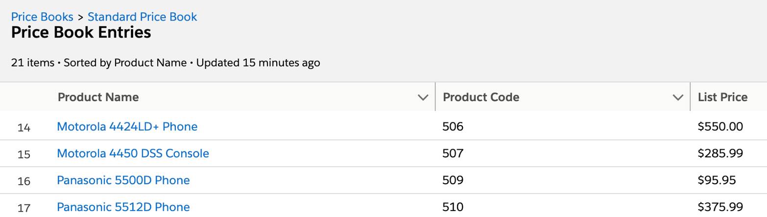 Salesforce 内の商品と商品コード。