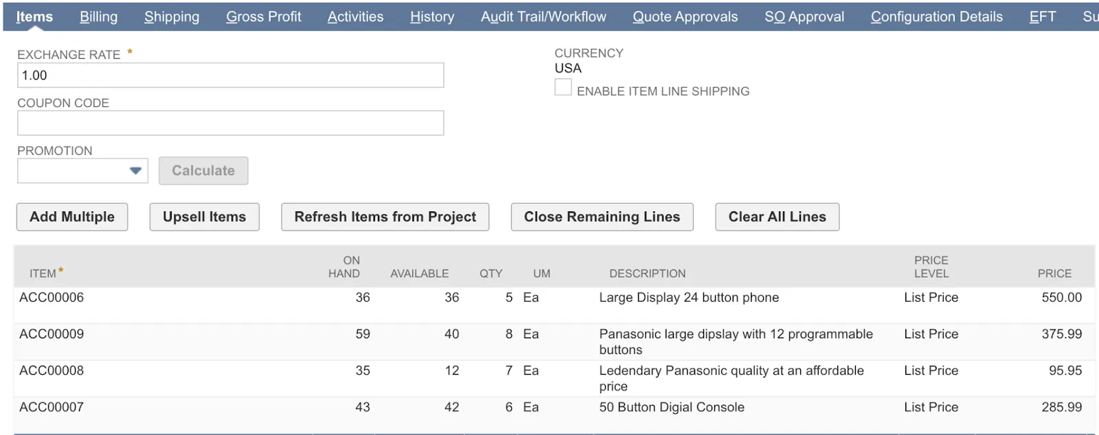 Sales order with line items in NetSuite.