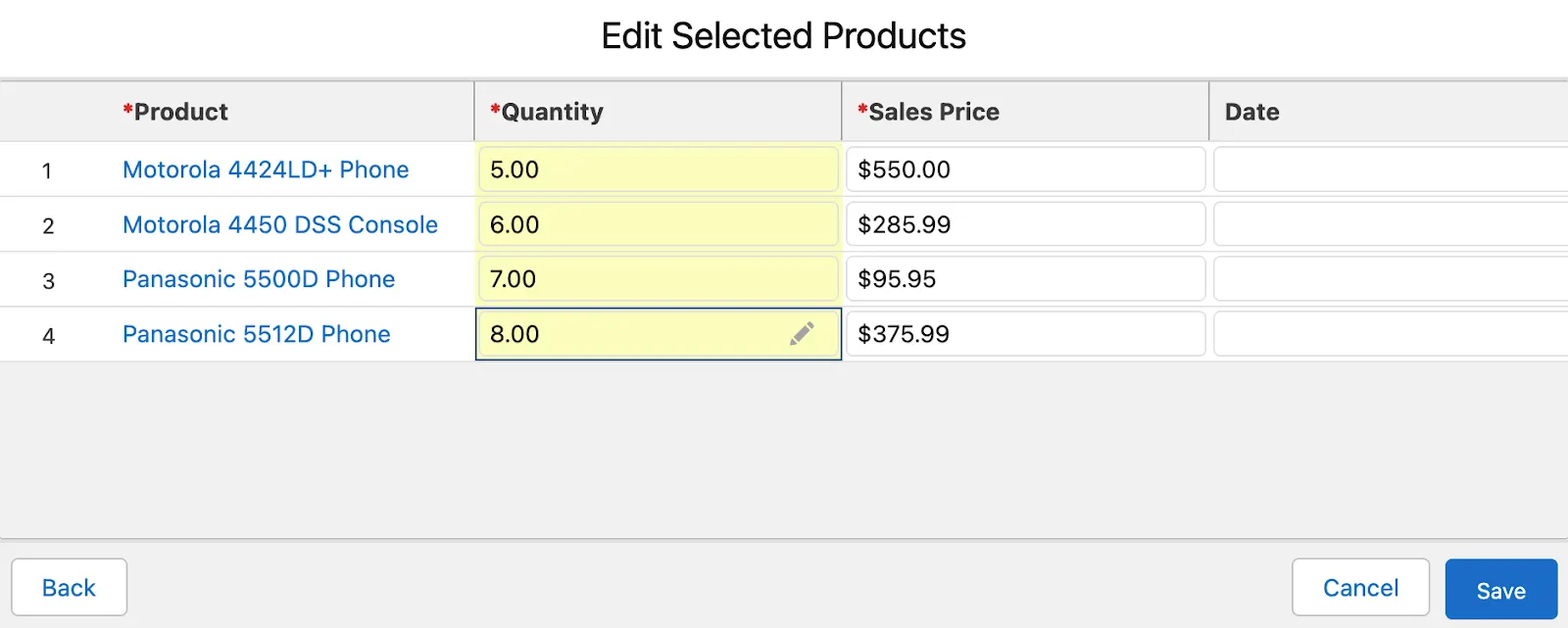 Four opportunity products with associated quantities and sales prices.