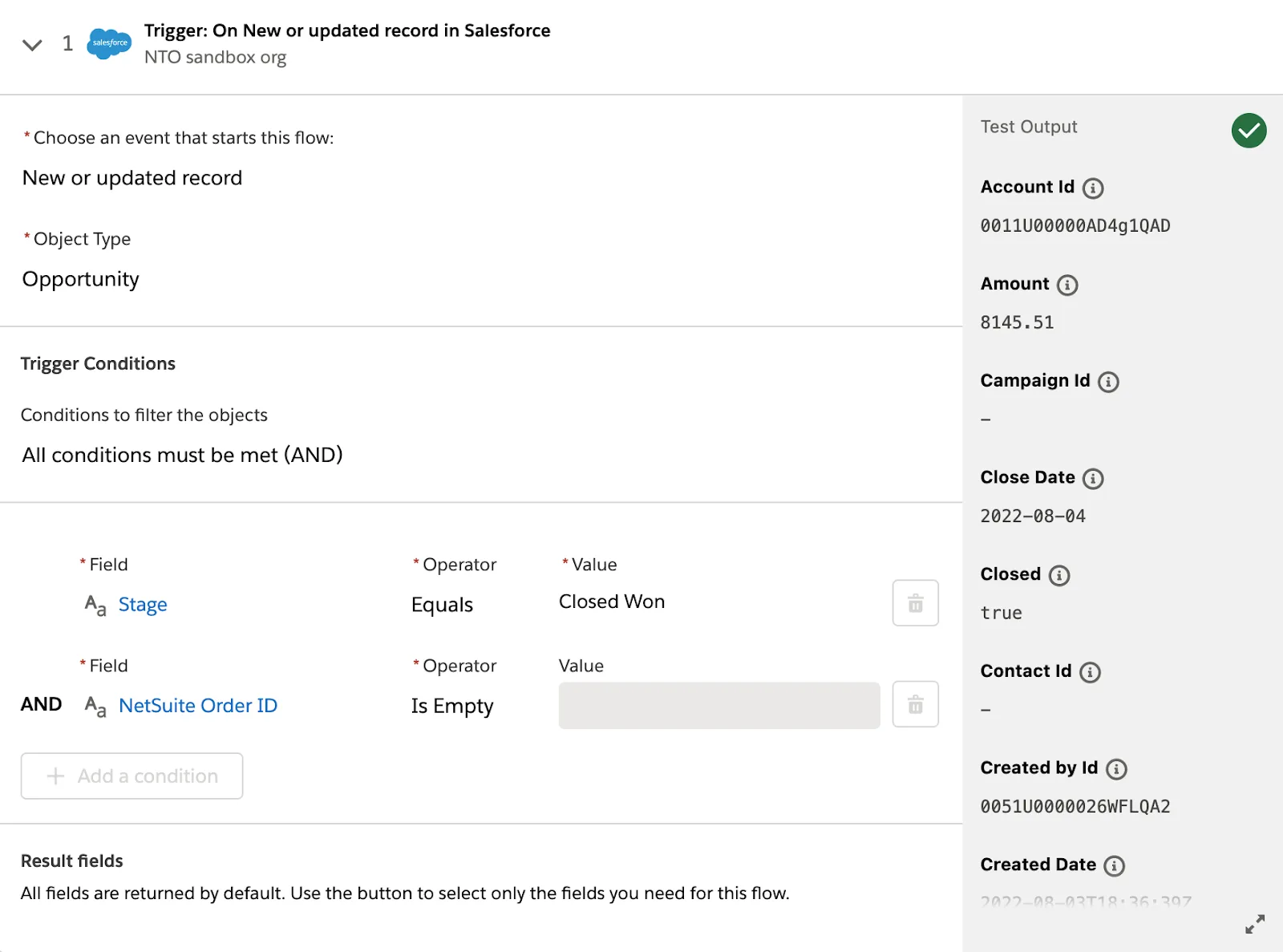 Tested flow showing a green check mark on step 1.