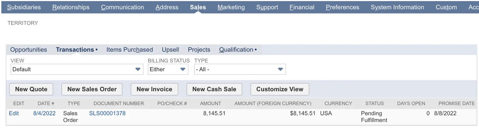 NetSuite customer’s sales order for associated Salesforce opportunity.