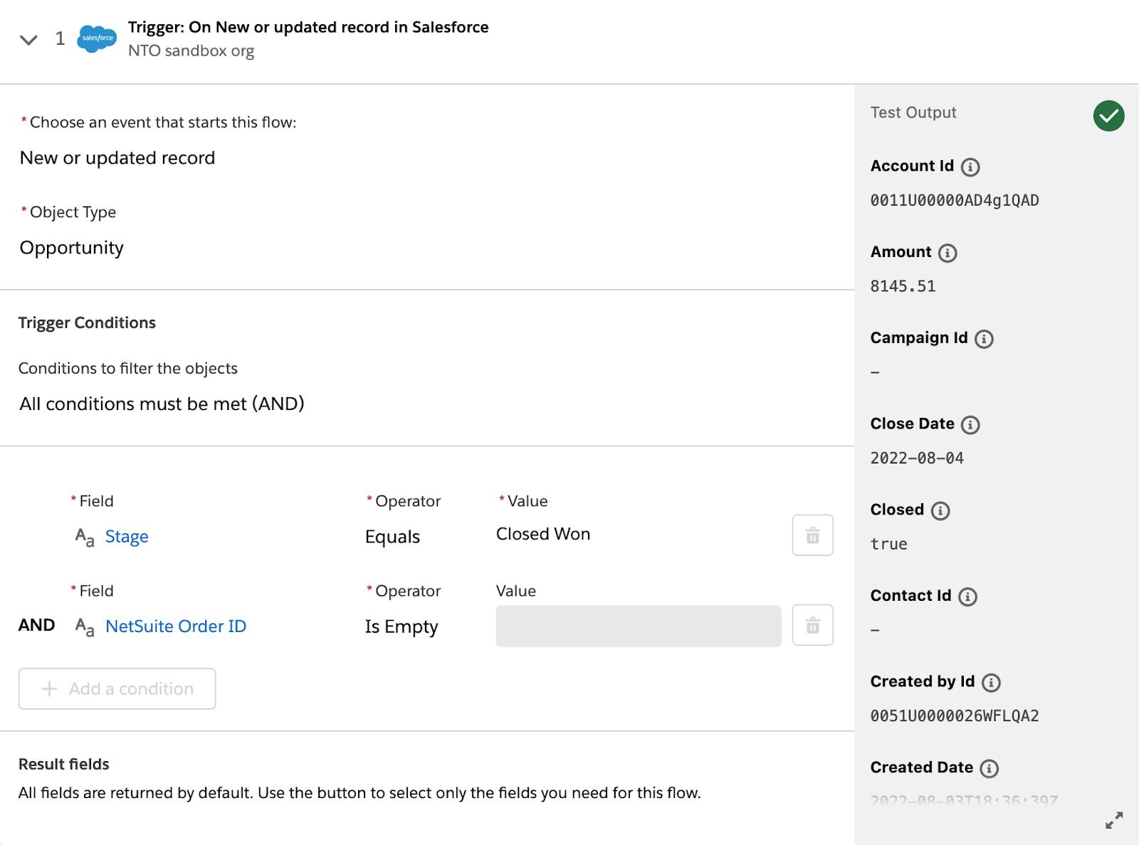 Tested flow showing a green check mark on step 1.