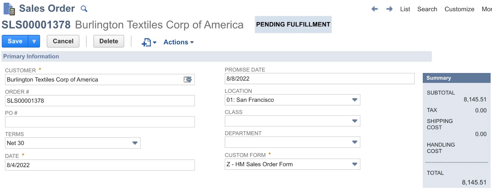 Sales order with total amount in NetSuite.