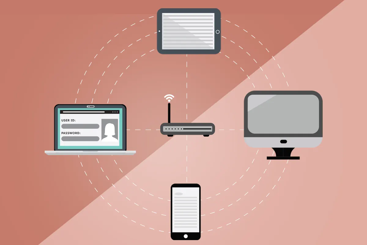 Ein Smartphone, Tablet, Laptop und Desktop-PC sind mit einem WLAN verbunden.