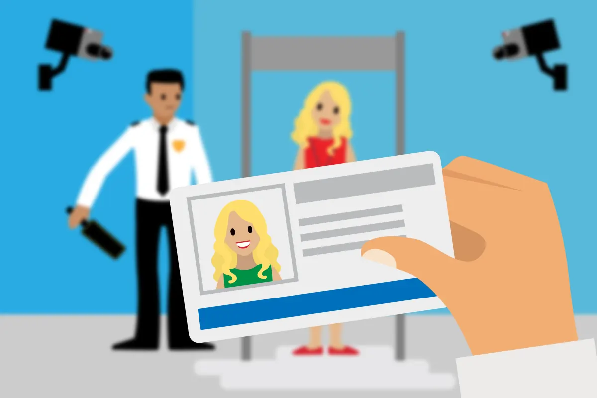Os seguranças estão verificando um visitante que está entrando no prédio com câmeras de segurança nas paredes.