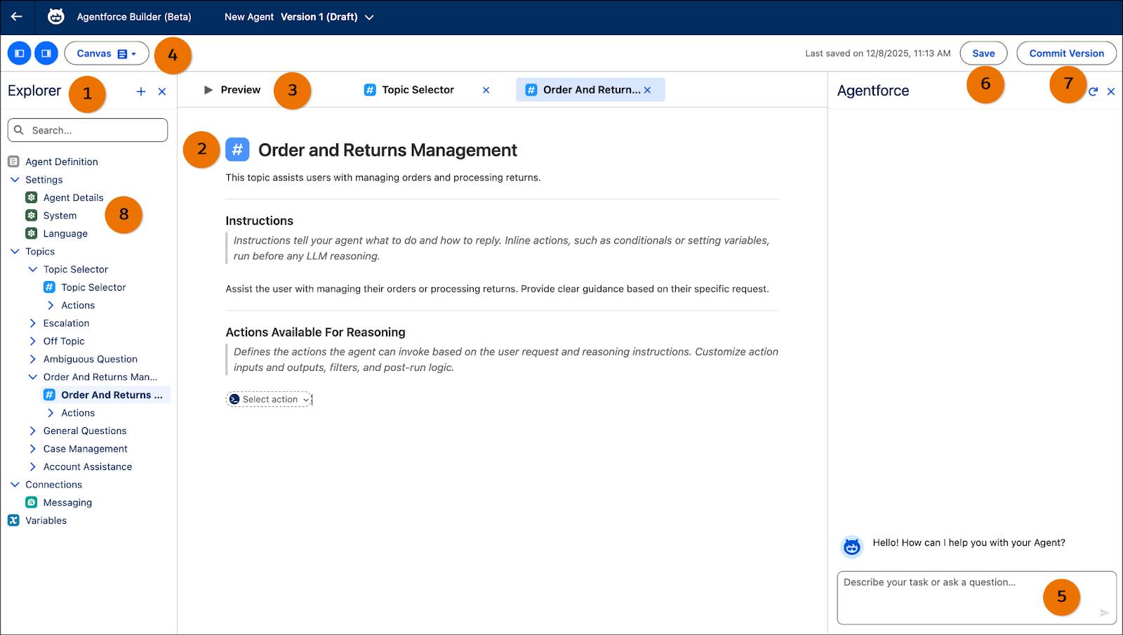 A screenshot of the new Agentforce Builder with two topics open in the Canvas view.