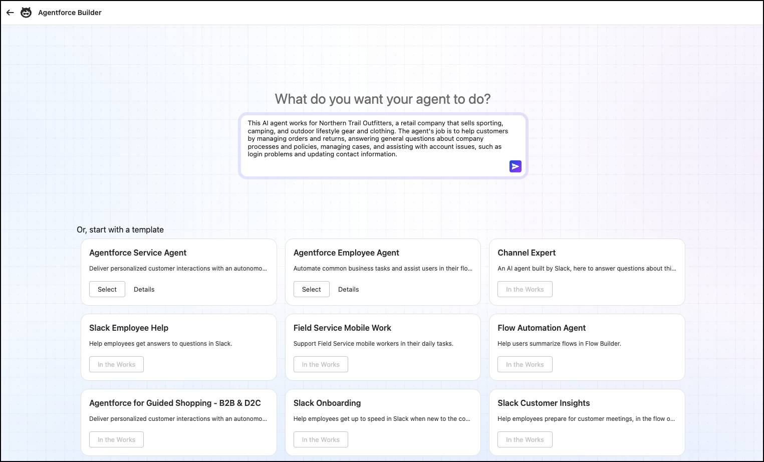 A screenshot that shows a prompt in Agentforce describing the type of agent the user wants to create.
