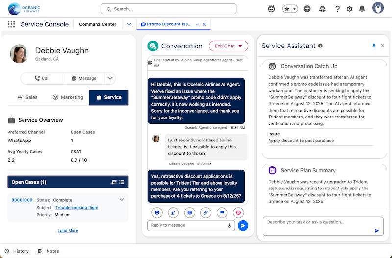 A screenshot of a service rep’s view of the next generation Service Console.