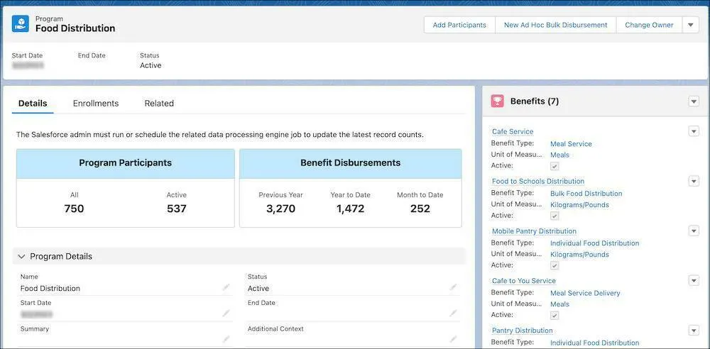 A program record with a count of program participants and benefit disbursements.