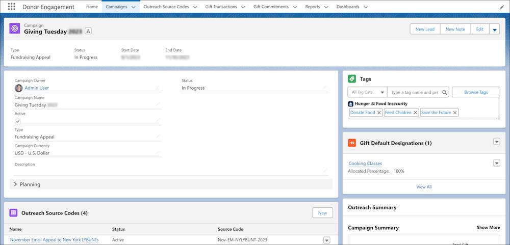 A campaign record in the Donor Engagement app includes interest tags, source codes, and default gift designations.