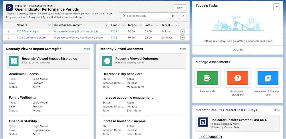 The Outcome Management home page includes components to review outcomes and create assessments.