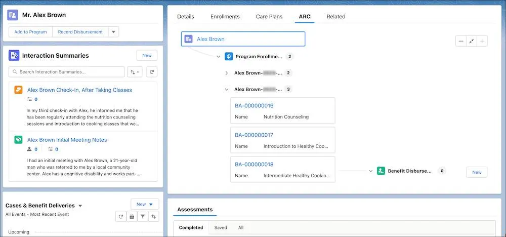 A participant's person account record, with their interaction summaries and relationships to programs and benefit disbursements