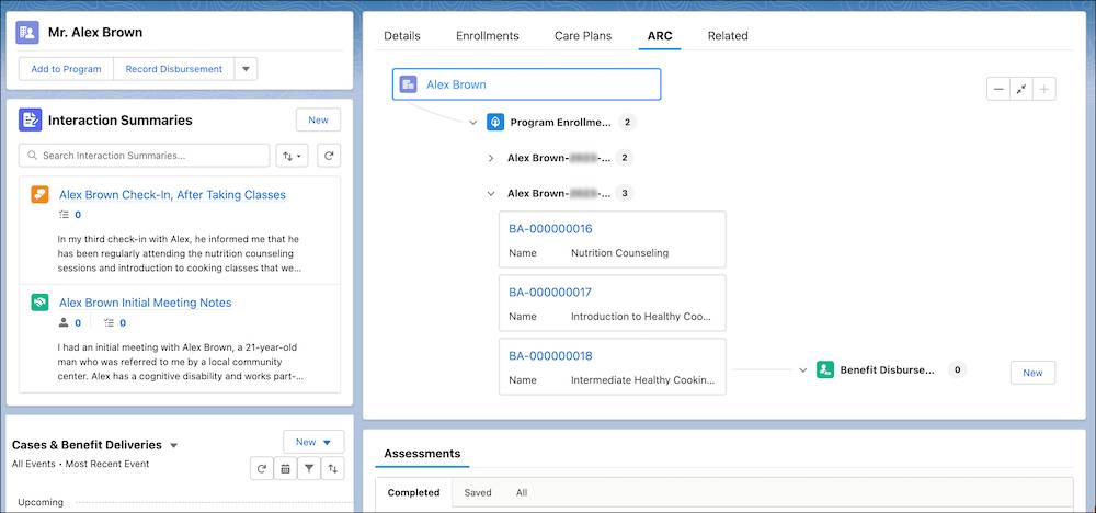 A participant's person account record, with their interaction summaries and relationships to programs and benefit disbursements