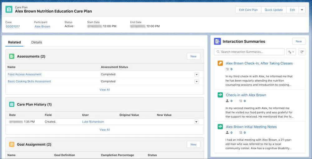 A care plan record with related assessments, goal assignments, and interaction summaries.