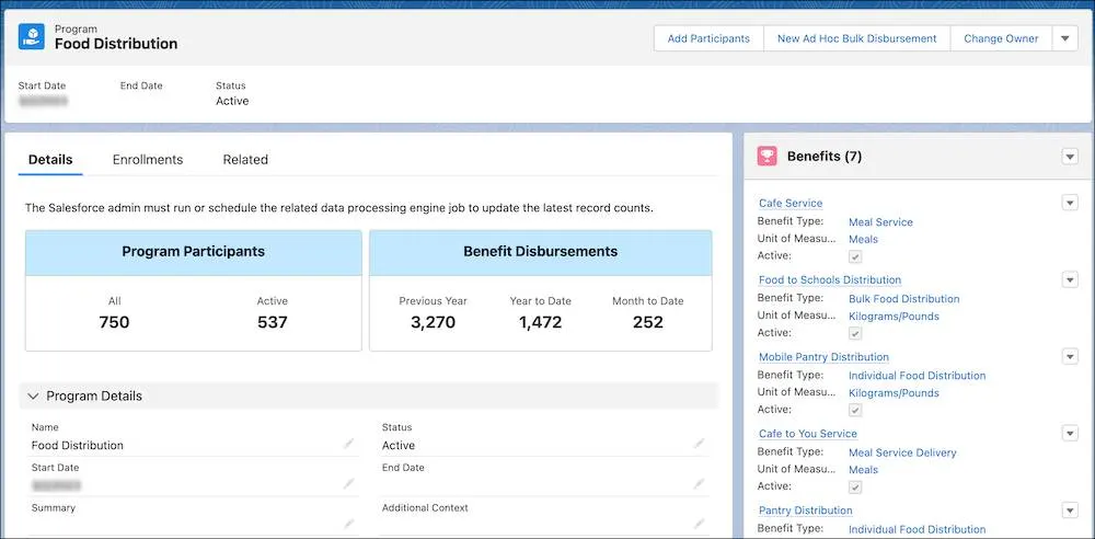 A program record with a count of program participants and benefit disbursements.