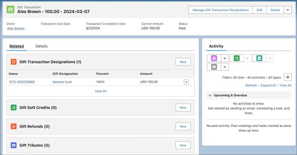 A Gift Transaction Designation for the Unrestricted gift designation appears in the related list on the gift transaction record.