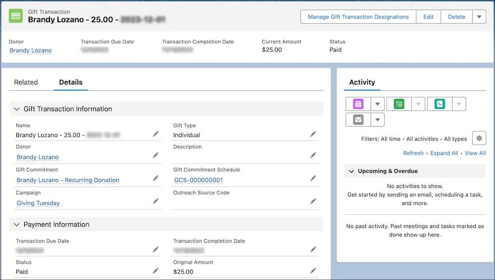 The Gift Transaction record has values in the Gift Commitment and Gift Commitment Schedule fields.