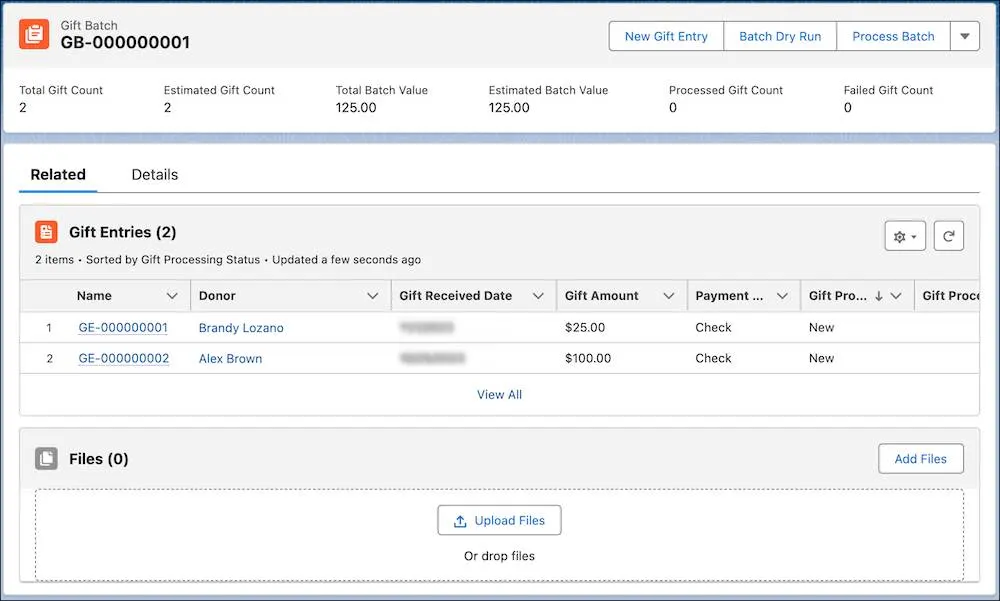 On this gift batch record, both gift entries appear with a Gift Processing Status value of New.