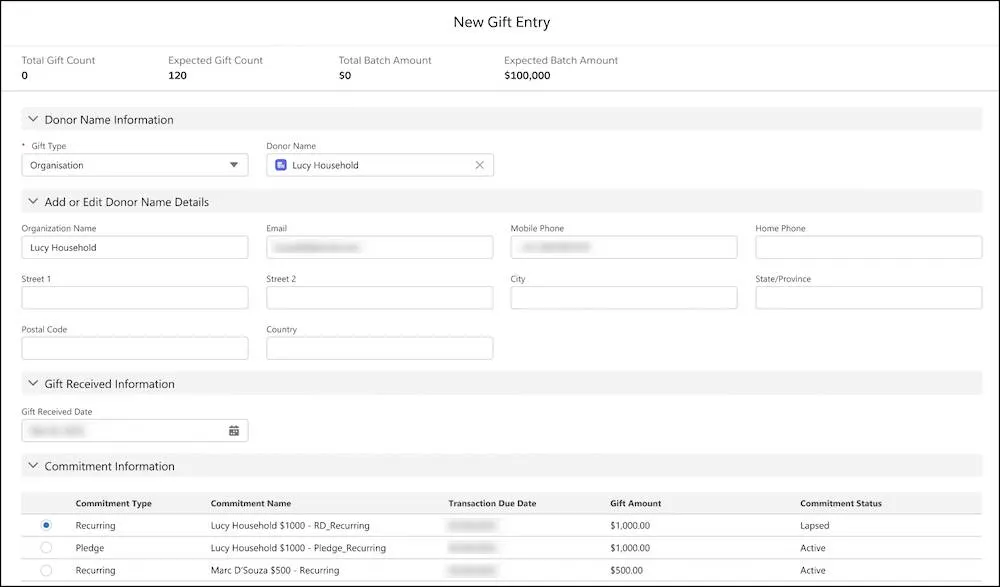 The New Gift Entry window where you enter details about gifts from individuals or organizations.