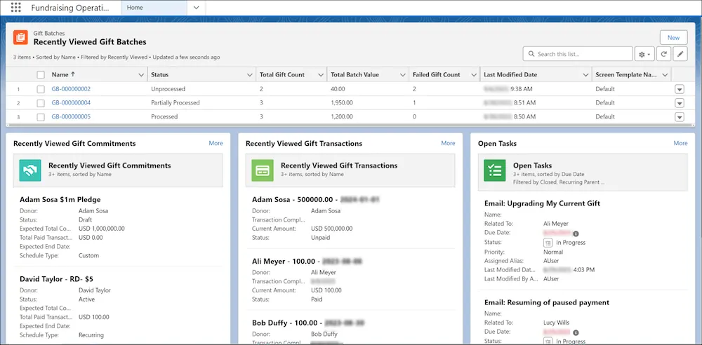 The Fundraising Operations home page includes lists of gift batches, gift commitments, gift transactions, and tasks.