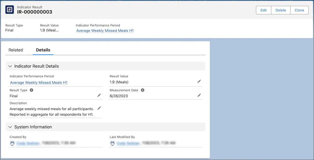 The Details tab of the indicator result record you created.