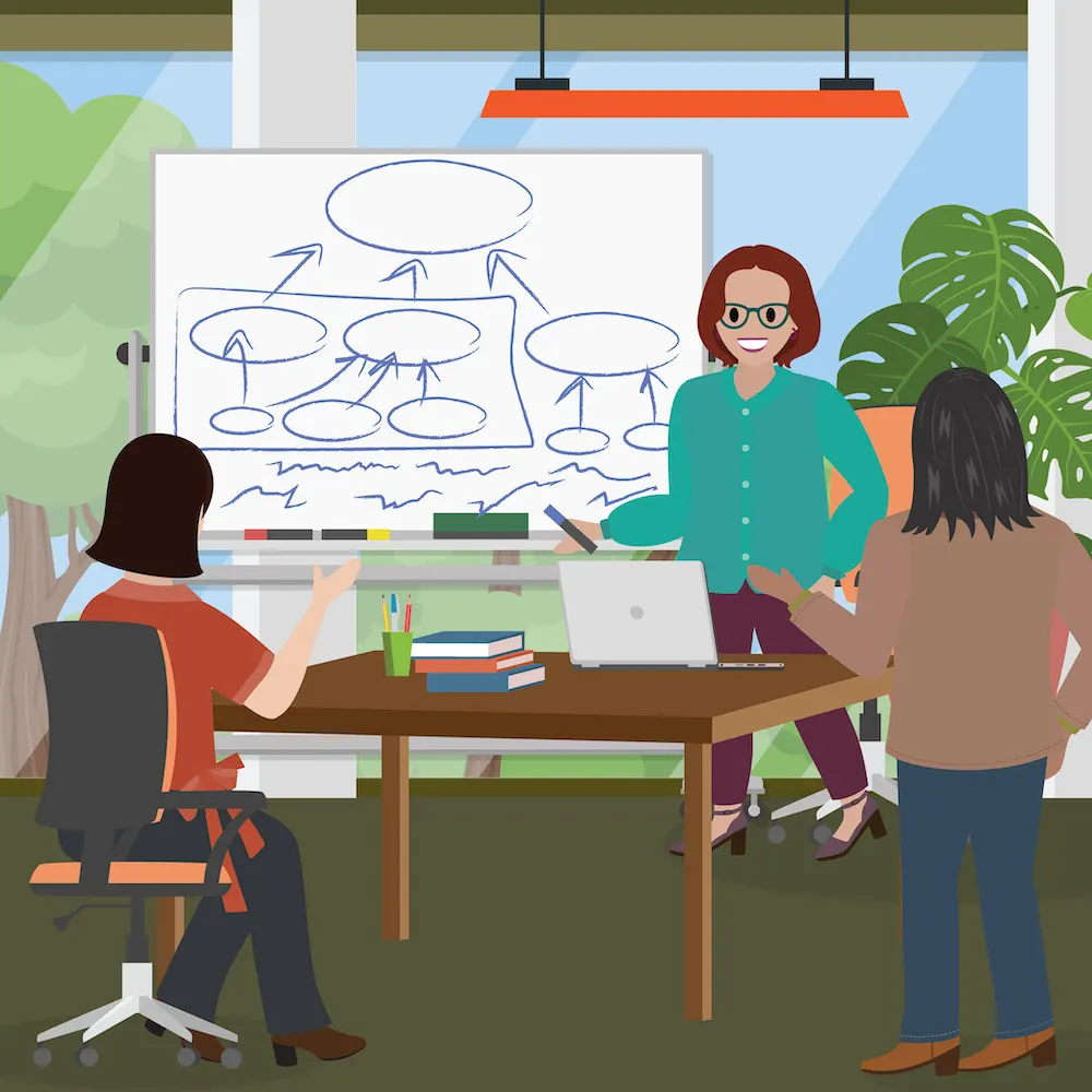 Allie maps her theory of change on a whiteboard in the HNMI office.