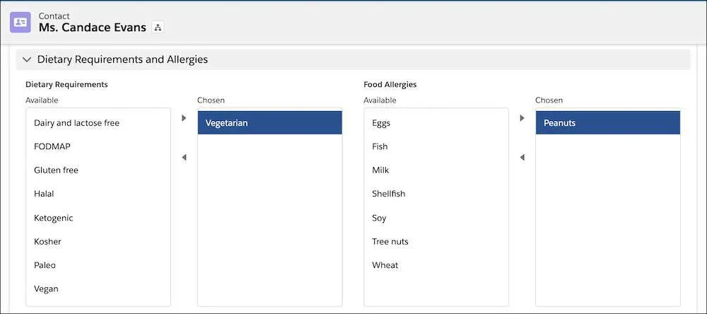 Champs personnalisés Interdits alimentaires et Allergies alimentaires dans un enregistrement de contact