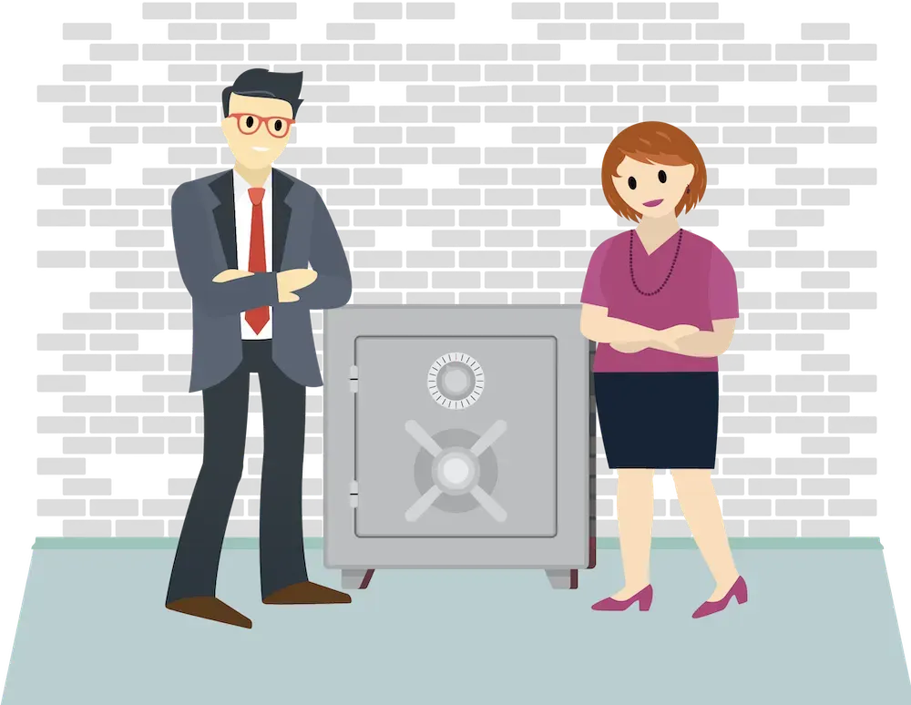 Two Salesforce Admins stand near a safe.