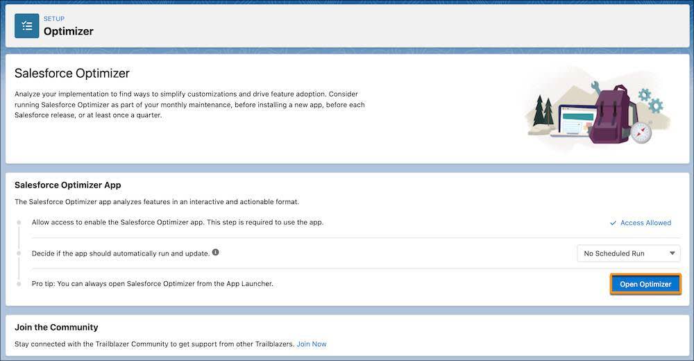 The Salesforce Optimizer menu in Setup with Open Optimizer highlighted