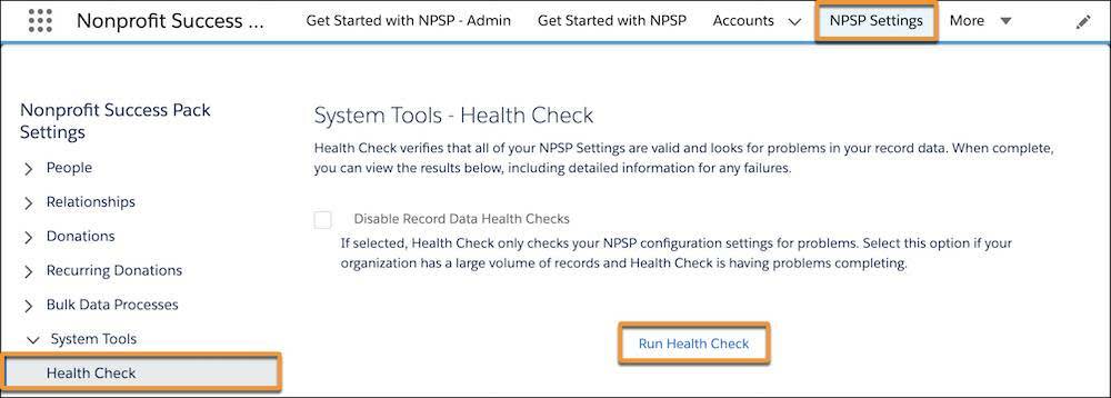 NPSP Settings page highlighting NPSP Settings, Health Check, and the Run Health Check button