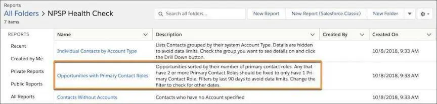 Opportunities with Primary Contact Roles レポートが強調表示されている NPSP Health Check のフォルダーリスト