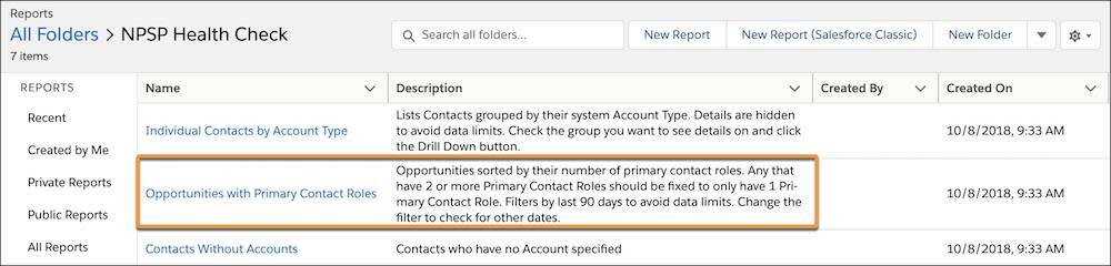 Opportunities with Primary Contact Roles レポートが強調表示されている NPSP Health Check のフォルダーリスト