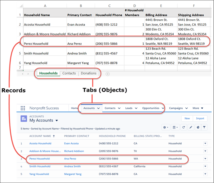 How data in a sample spreadsheet translates to data in Salesforce