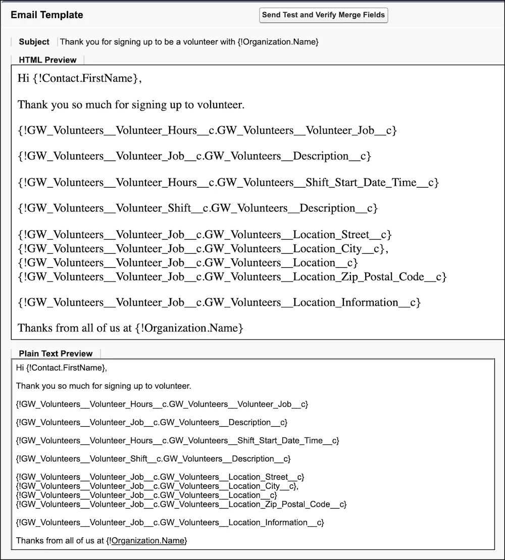 The email HTML preview with merge fields