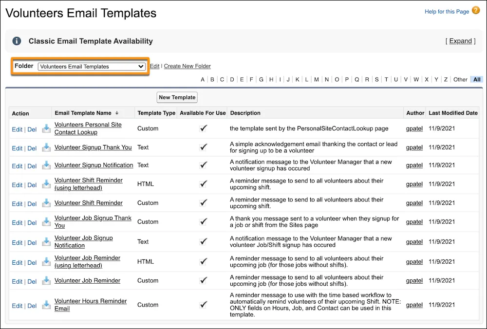 Email templates listed in the Volunteers Email Templates folder