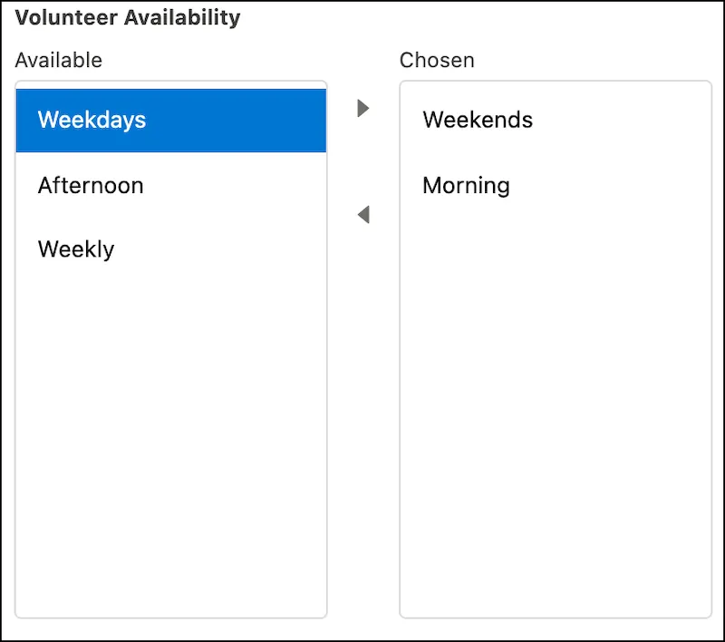 The Volunteer Availability field with the Available and Chosen lists