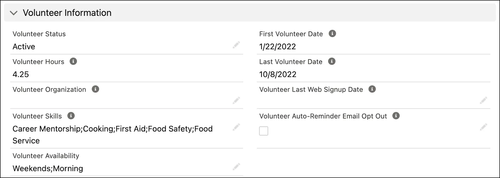 The Volunteer Information section, including fields for Volunteer Status, Volunteer Hours, Volunteer Skills, and more