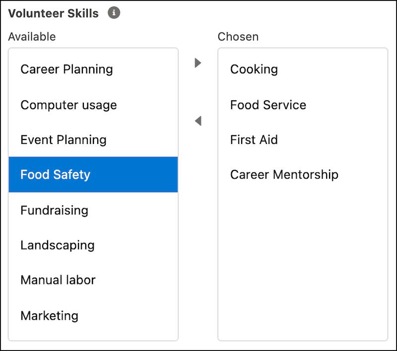 O campo de Habilidades do voluntário com as listas Disponíveis e Escolhidas