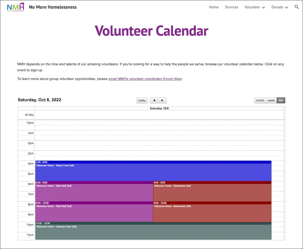 El calendario de voluntarios en el sitio web de NMH