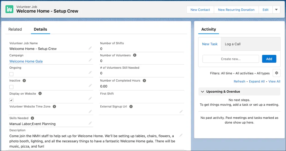 Der Datensatz für den Freiwilligenauftrag 'Welcome Home - Setup Crew'