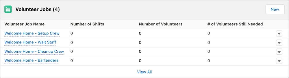 Cuatro registros de trabajo de voluntario en la lista relacionada Trabajos de voluntario en una campaña