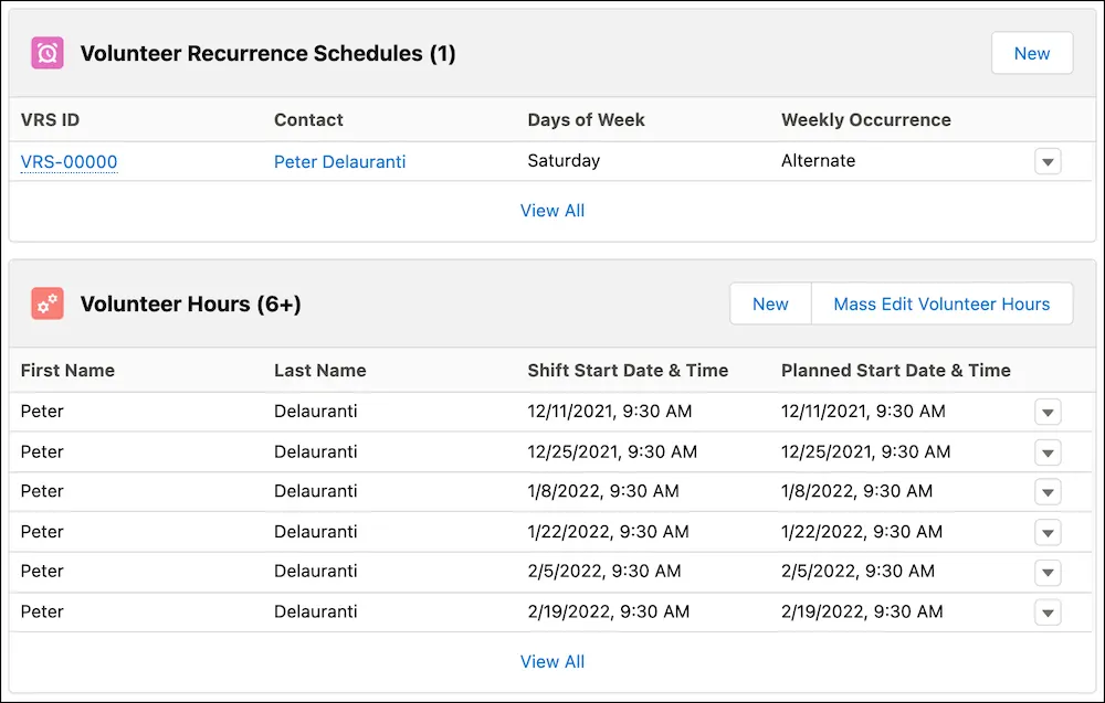 The Volunteer Recurrence Schedules and Volunteer Hours related lists on the volunteer job record