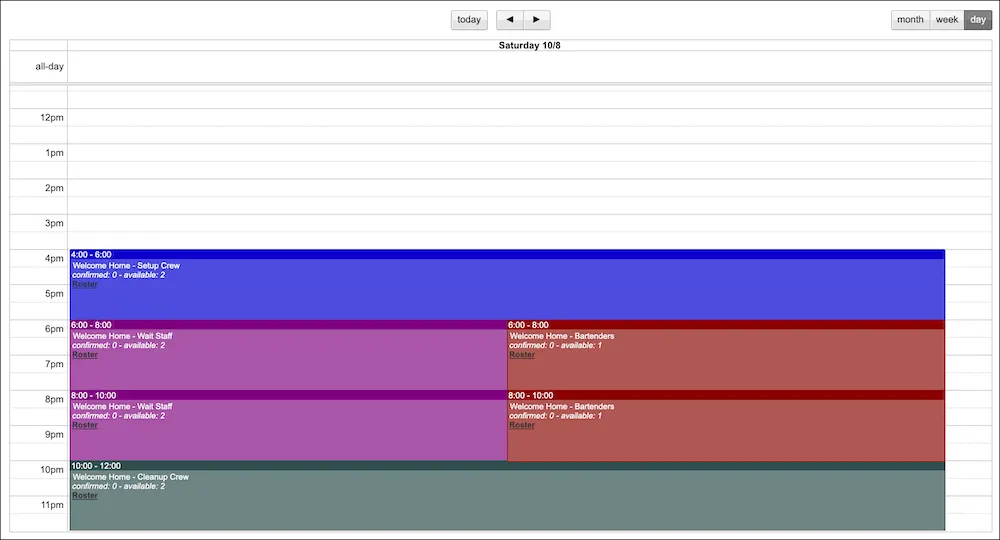 All four volunteer jobs and six volunteer shifts on the day view of the shift calendar