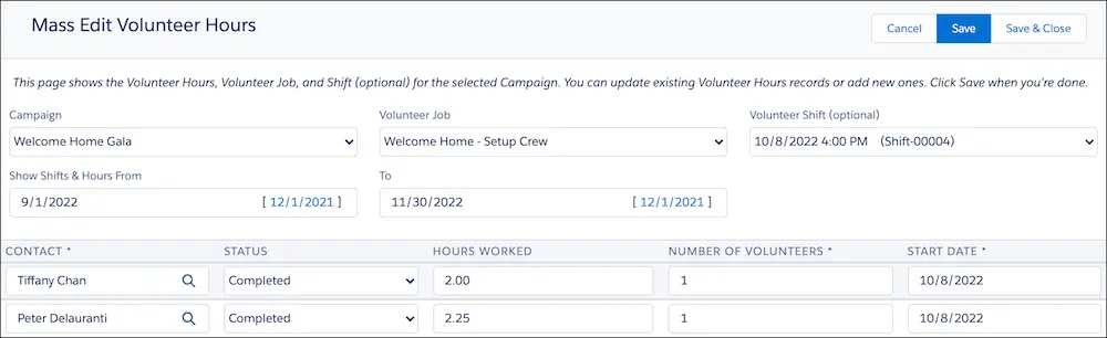 Two volunteer hour records marked as Completed in the Mass Edit Volunteer Hours page