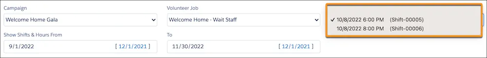 The Volunteer Shift picklist in the Mass Edit Volunteer Hours page