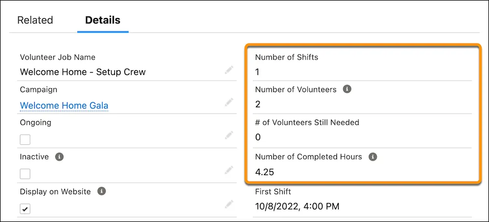 The shift, volunteer, and hour roll-up fields on a volunteer job record